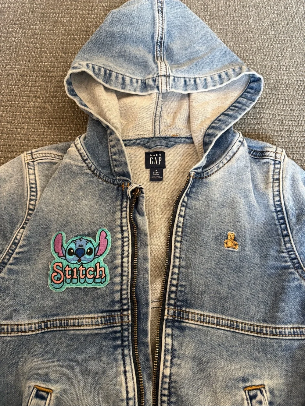 Baby Gap Light Blue Denim Hooded Jacket with Stitch Patch and Embroidered Accent